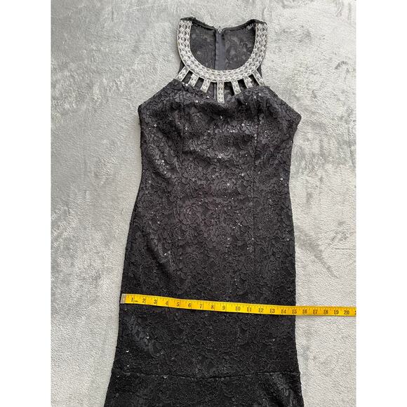 Vintage 90s Y2K Black Lace Maxi Dress Gown Medium Beaded Rhinestone Mermaid Hem - Picture 16 of 16